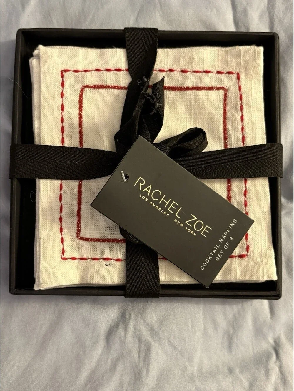 Rachel Zoe Cloth Napkins Set of 8 White with Red Stitching Square
